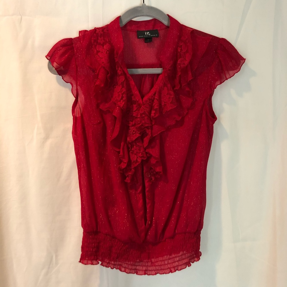 IZ Byer California Red shimmer blouse with ruffled neckline